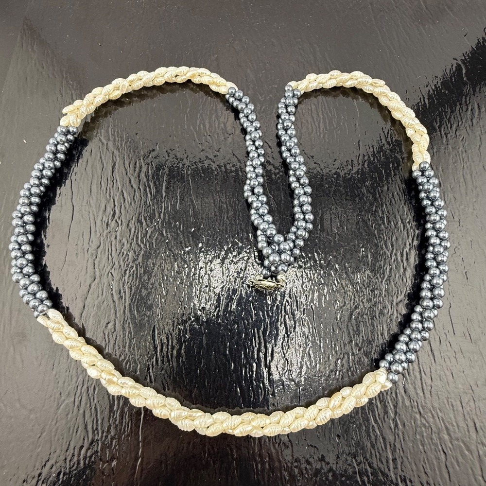 Vintage Estate Beaded Pearl Rope Necklace Black White Twisted 30in